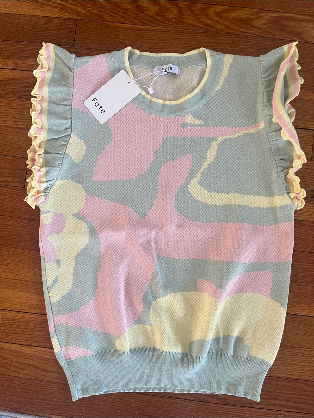 Fate Pastel Abstract Ruffle Sleeve Knit Top